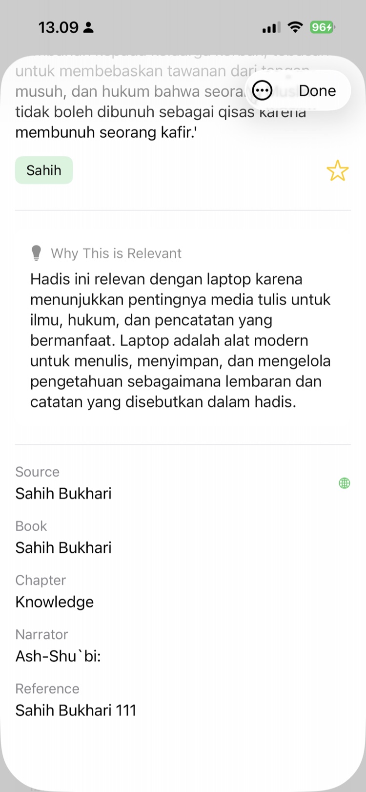 Lightio Hadith card — authentic Hadith with Arabic, translation, and narrator chain